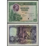 El Banco de Espana, an archival specimen 500 pesetas with official annotations from the Banco d...