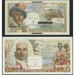 Saint Pierre and Miquelon, Caisse Centrale de la France d'Outre Mer, lot of 2 notes, 1 and 2 No...