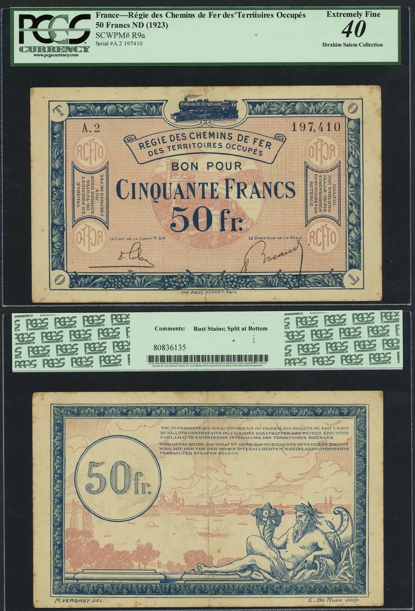 France, Franco-Belgian Railways Administration in Occupied German Territory, 50 francs, 1923, s...