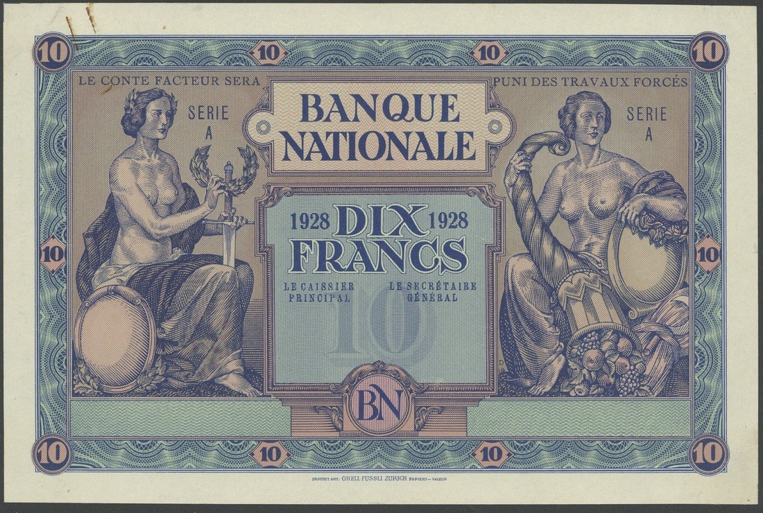 Banque Nationale de Belgique, a uniface trial/proof for a 10 francs, 1928 serie A, (Pick unreco...
