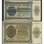 El Banco De Espana, Burgos, 500 and 1000 pesetas, 21 November 1936, prefix B, (Pick 102, 103),
