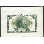 Banque du Congo Belge, a uniface obverse proof on white card for a 5 francs, ND (ca 1941), (Pic...