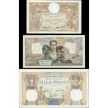 France, Banque de France, group of 3 notes from the 1930's to 1940's, (Pick 78c, 90c and 103c,...