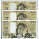 France, Banque de France, group of 3x 500 francs, (Pick 156e and 156i),