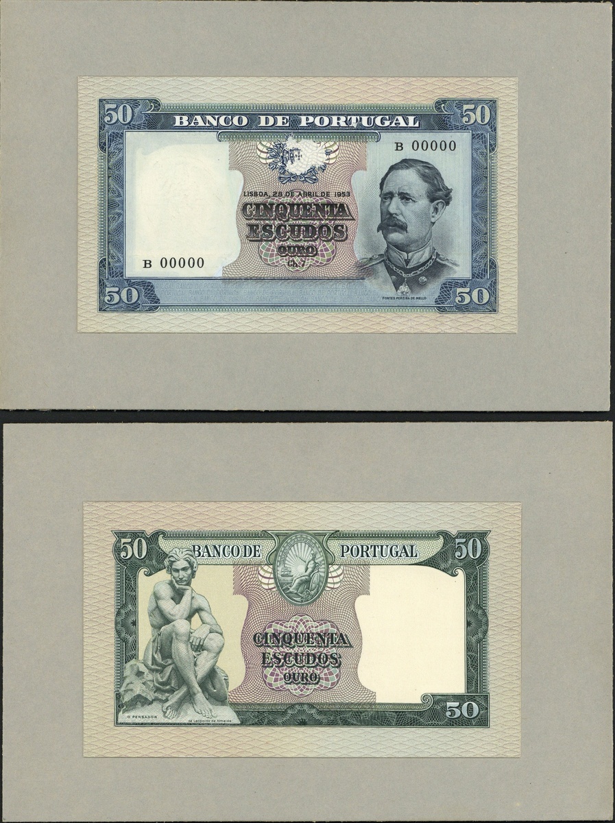 Portugal, Banco de Portugal, 50 escudos, obverse and reverse composite essay, 23.4.1953, serial...