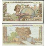 France, Banque de France, 10,000 francs, 1.7.1954, serial number D.7286 100, (Pick 132d, Fayett...