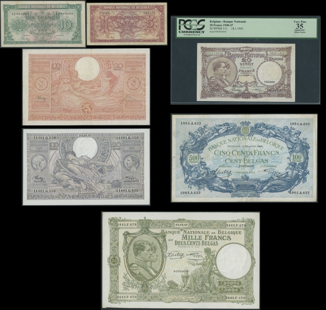 Banque Nationale de Belgique, 5 and 10 francs, 1943, (Pick 121, 122, 109, 110, 111, 112, 114),