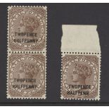 Natal 1891 2½d. on 4d. brown vertical pair, the lower stamp variety "twopenge", and a single f...