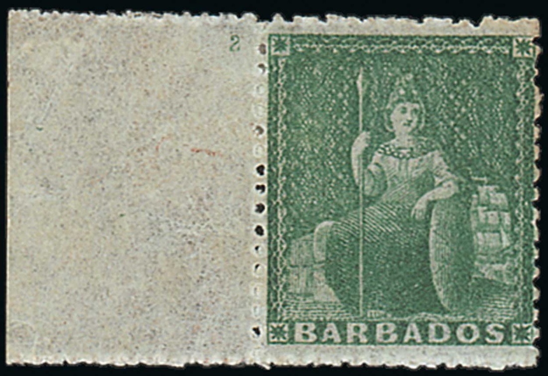 Barbados 1861-70 Rough Perf. 14 to 16 Issue (½d.) deep green, marginal from the left of the she...