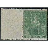 Barbados 1861-70 Rough Perf. 14 to 16 Issue (½d.) deep green, marginal from the left of the she...