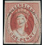 Queensland 1860 imperforate, 1d. carmine-rose with good to very large margins all round and wi...