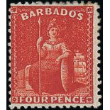 Barbados 1875 Watermark Crown CC, Perf. 12½ Issue 4d. deep red with watermark inverted and reve...
