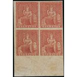 Barbados 1861-70 Rough Perf. 14 to 16 Issue (4d.) lake-rose lower left corner block of four, va...