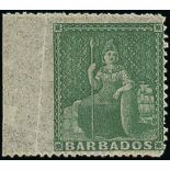 Barbados 1861-70 Rough Perf. 14 to 16 Issue (½d.) green, marginal from the left of the sheet, v...