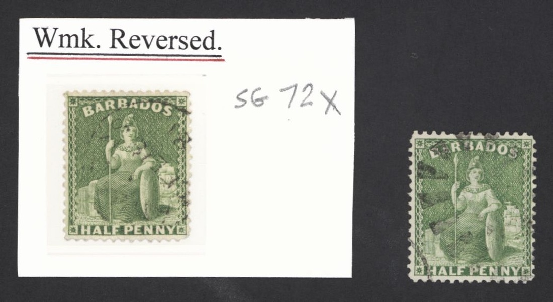 Barbados 1875-80 Watermark Crown CC, Perf. 14 Issue ½d. bright green with watermark inverted an...