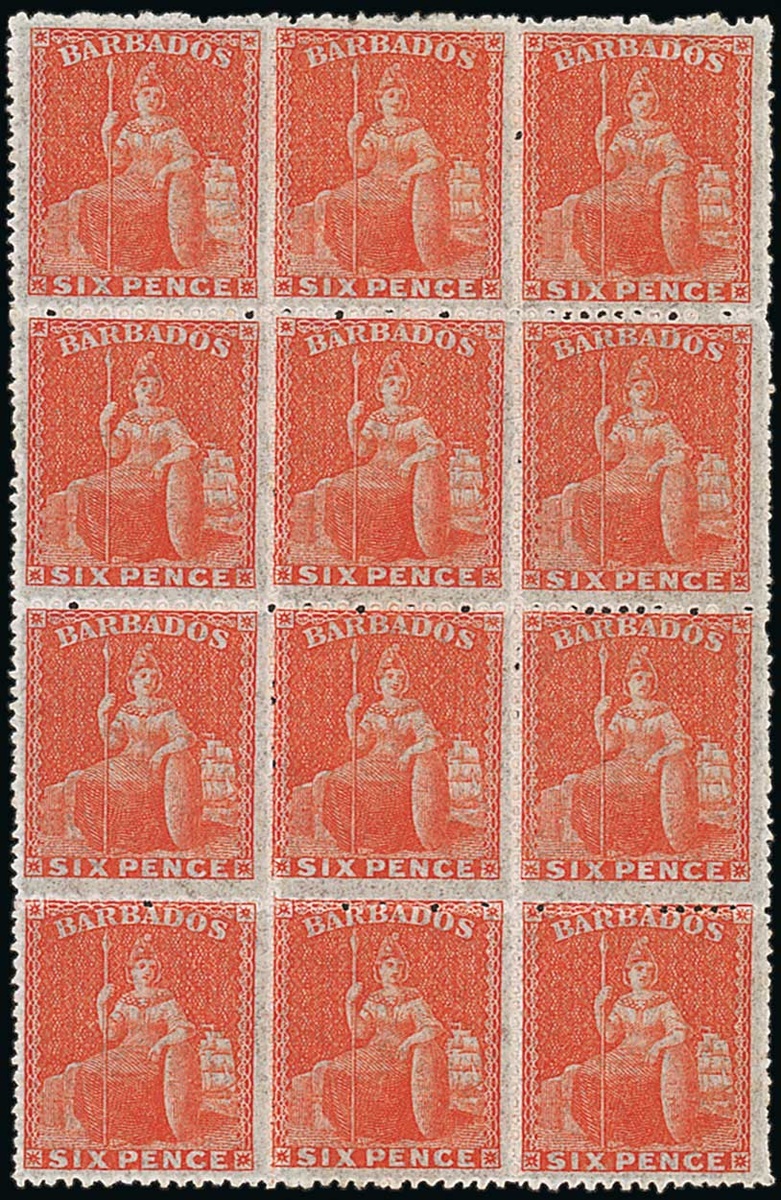 Barbados 1861-70 Rough Perf. 14 to 16 Issue 6d. dull orange-vermilion block of twelve (3x4),