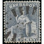 Barbados 1875-80 Watermark Crown CC, Perf. 14 Issue 1d. grey-blue with watermark sideways,