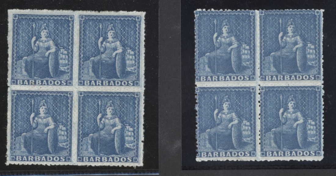 Barbados 1861-70 Rough Perf. 14 to 16 Issue (1d.) blue blocks of four in contrasting shades,