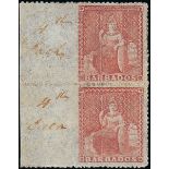 Barbados 1861-70 Rough Perf. 14 to 16 Issue (4d.) lake-rose vertical marginal pair, part origin...