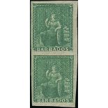 Barbados 1861-70 Rough Perf. 14 to 16 Issue (½d.) grass green vertical pair, variety imperforat...