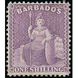 Barbados 1875-80 Watermark Crown CC, Perf. 14 Issue 1/- dull mauve with watermark sideways reve...