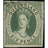 Queensland 1860 imperforate, 6d. green with good to very large margins showing frameline of ad...