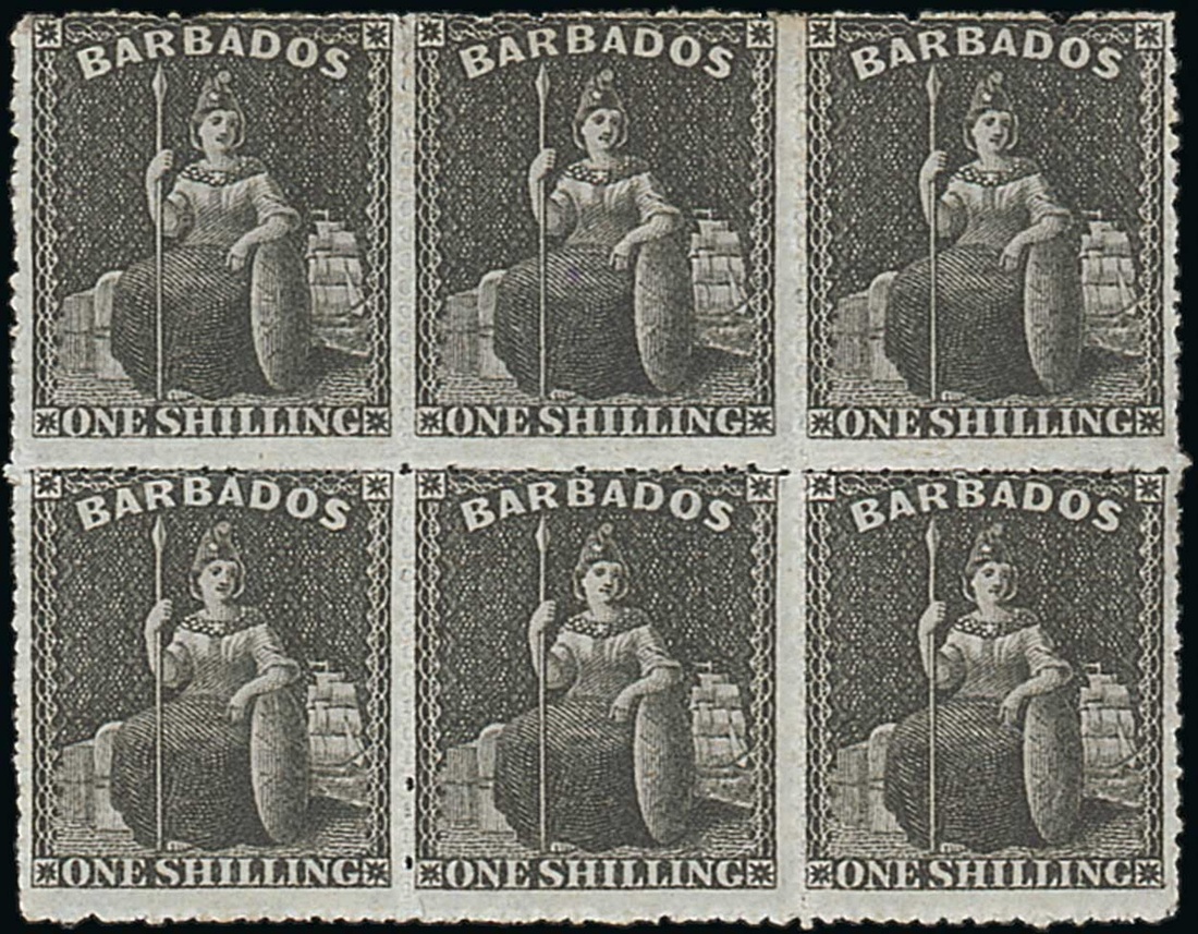 Barbados 1861-70 Rough Perf. 14 to 16 Issue 1/- black block of six (3x2),
