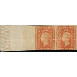 New South Wales 1856-60 Diadem, imperf 1d. orange-vermilion horizontal pair with margin at lef...