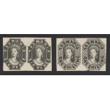 Tasmania 1858 6d. and 1/- imperforate plate proof pairs in black on wove paper, the 6d. with o...