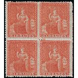 Barbados 1861-70 Rough Perf. 14 to 16 Issue (4d.) dull vermilion block of four,