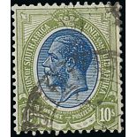 South Africa 1913-24 10/- deep blue and olive-green, variety watermark inverted, used; horizon...