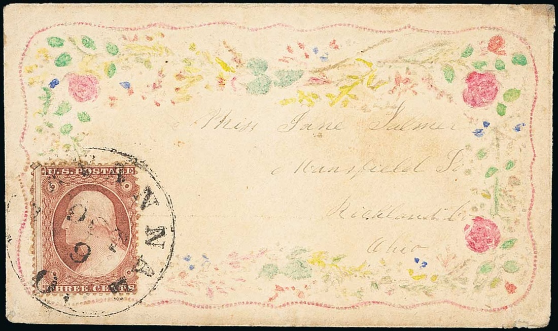 United States 1857-61 3c. brown type I, tied by Savannah c.d.s. on embossed, hand-coloured lad...