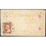 United States 1857-61 3c. brown type I, tied by Savannah c.d.s. on embossed, hand-coloured lad...