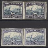 South Africa 1930-44 unhyphenated 2d. blue and violet horizontal pairs (2) in contrasting shad...