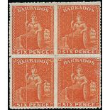 Barbados 1861-70 Rough Perf. 14 to 16 Issue 6d. orange block of four,