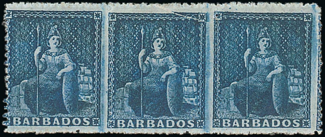 Barbados 1861-70 Rough Perf. 14 to 16 Issue (1d.) deep blue strip of three,