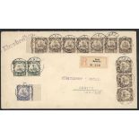 German Colonies Cameroun 1909 (6 May) envelope registered to Geneva, bearing 3pf. strips of six...