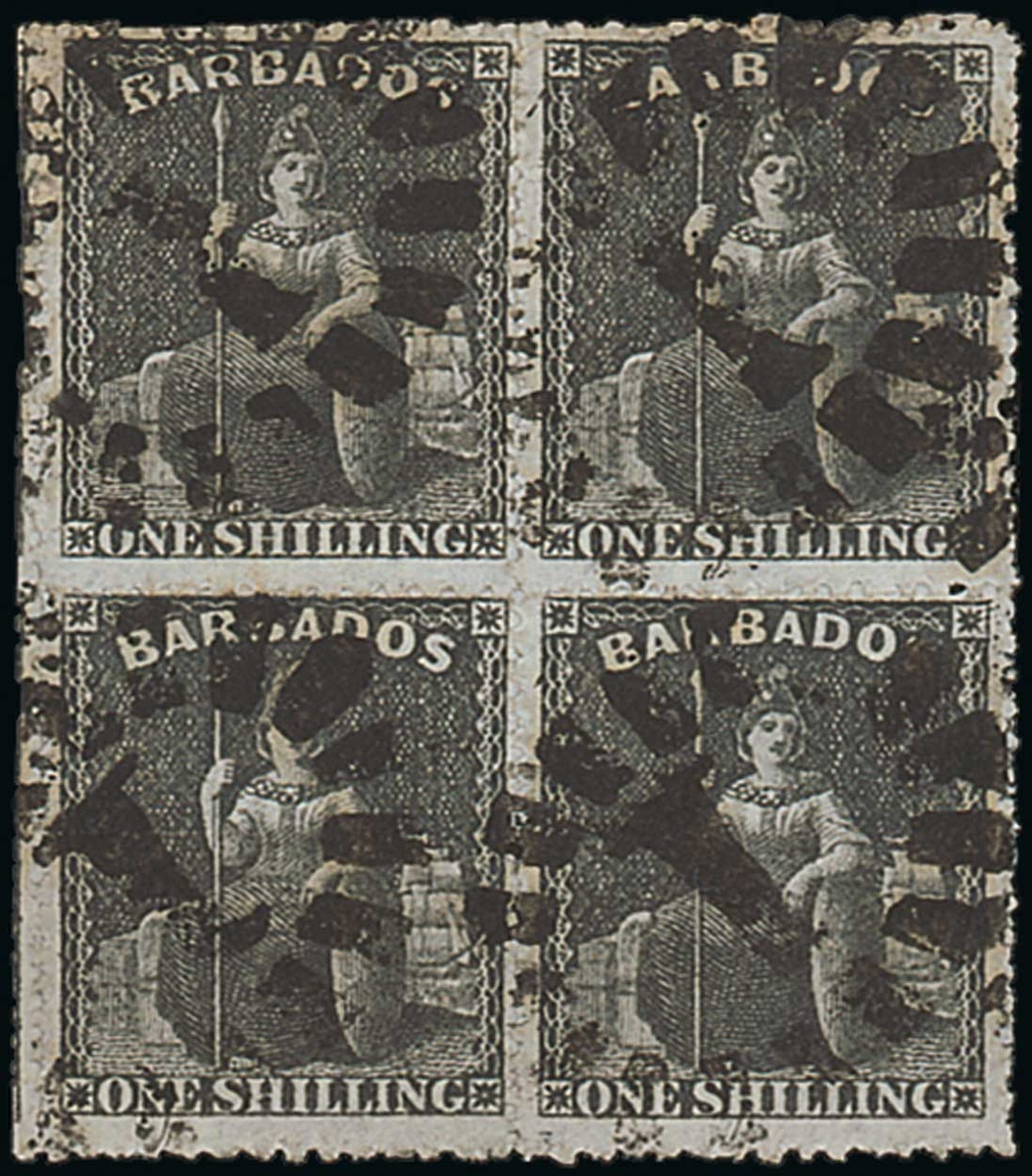 Barbados 1861-70 Rough Perf. 14 to 16 Issue 1/- brown-black block of four, cut "imperforate" at...