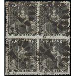 Barbados 1861-70 Rough Perf. 14 to 16 Issue 1/- brown-black block of four, cut "imperforate" at...