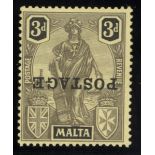 Malta 1926 "postage" 3d. black on yellow, variety overprint inverted and with the usual three...