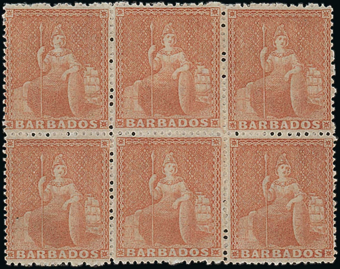 Barbados 1861-70 Rough Perf. 14 to 16 Issue (4d.) dull brown-red block of six (3x2),