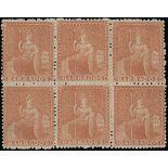 Barbados 1861-70 Rough Perf. 14 to 16 Issue (4d.) dull brown-red block of six (3x2),