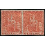 Barbados 1861-70 Rough Perf. 14 to 16 Issue (4d.) dull vermilion horizontal pair, variety imper...