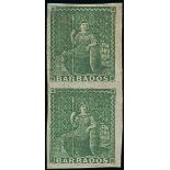 Barbados 1861-70 Rough Perf. 14 to 16 Issue (½d.) yellow-green vertical pair, variety imperfora...