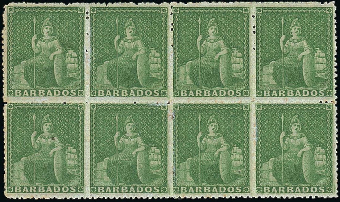 Barbados 1861-70 Rough Perf. 14 to 16 Issue (½d.) grass green block of eight (4x2),
