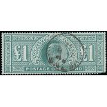 Great Britain King Edward VII Issues 1902-10 De La Rue £1 dull blue-green, Guernsey c.d.s. canc...