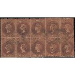 South Australia 1860-69 second rouletted, 1/- dark grey-brown block of ten (5x2), neatly cance...