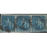 Barbados 1855-58 White paper Issue (1d.) deep (dark) blue strip of three,