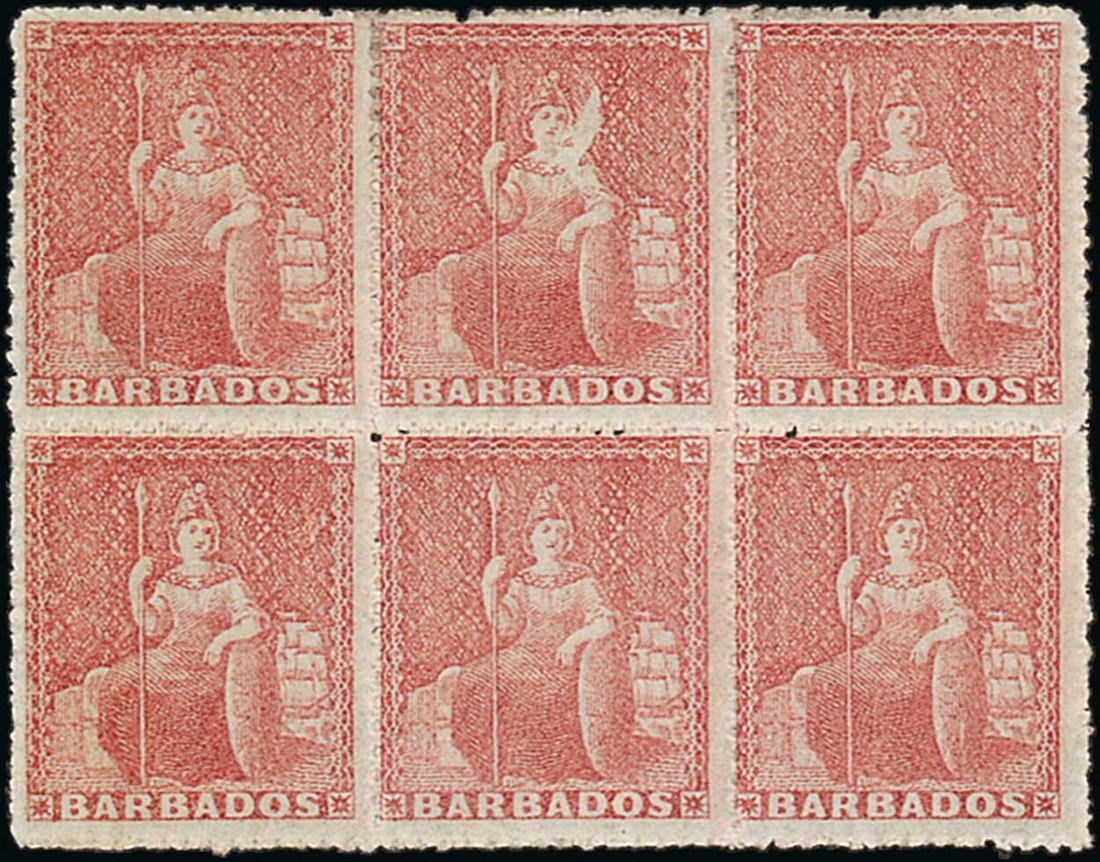 Barbados 1861-70 Rough Perf. 14 to 16 Issue (4d.) dull rose-red block of six (3x2),