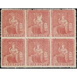 Barbados 1861-70 Rough Perf. 14 to 16 Issue (4d.) dull rose-red block of six (3x2),